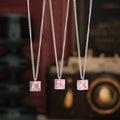 Steel Square Pink Zircon Pendant Curb Chain Necklace view 2
