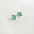 Silver Tone Pale Green Cat Eye Cushion Square Stud Earrings view 1