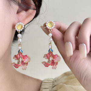 Pink Enamel Flower Drop Earrings With Pearls, Zinc Alloy