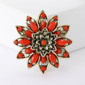 Antique Brass Hollow Flower Brooch Turquoise and Red view 6