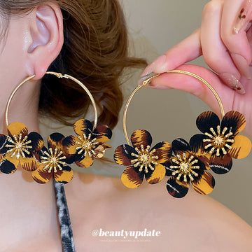 Leopard Print Fabric Flower Hoop Earrings Statement Jewelry