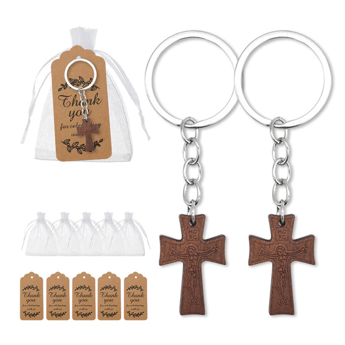 Wooden Crucifix Keychain Engraved Cross Silver Ring Chain
