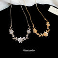Gold Flower Leaf Vine Necklace Crystal Centers Lobster Clasp view 2