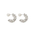 Silver Tone Pearl Look Crescent Stud Earrings with Beaded Texture view 5