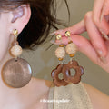 Wood Flower And Round Disc Dangle Earrings Statement Jewelry Pair view 1