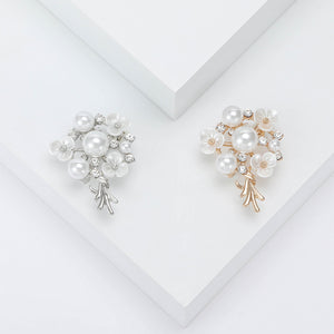 Pearl Bouquet Flower Brooch Clear Rhinestone Pin Silver Gold