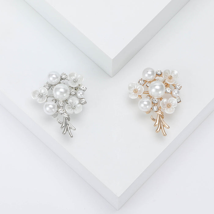 Pearl Bouquet Flower Brooch Clear Rhinestone Pin Silver Gold