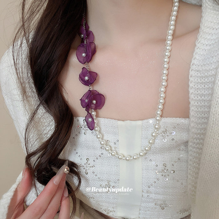 Pearl And Purple Chiffon Flower Necklace - One Style