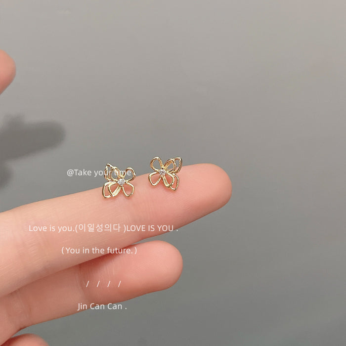 Mini Gold Open Butterfly Stud Earrings Clear Crystal