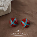 Red Round Domed Enamel Stud Earrings Teal Cross Bands view 1