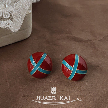 Red Round Domed Enamel Stud Earrings Teal Cross Bands
