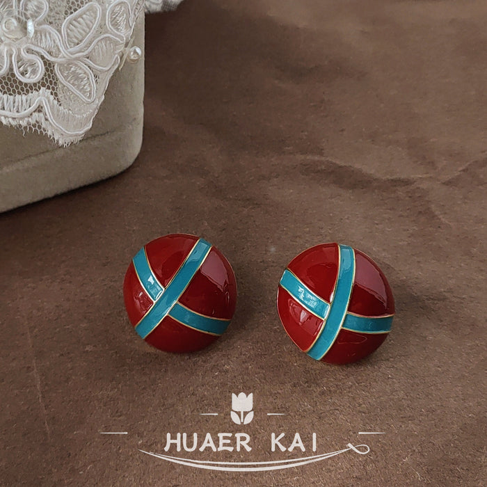 Red Round Domed Enamel Stud Earrings Teal Cross Bands