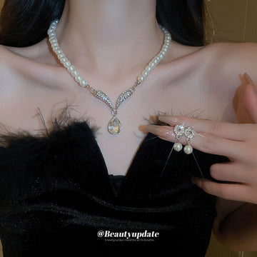 Pearl Crystal Necklace and Drop Earring Jewelry Set