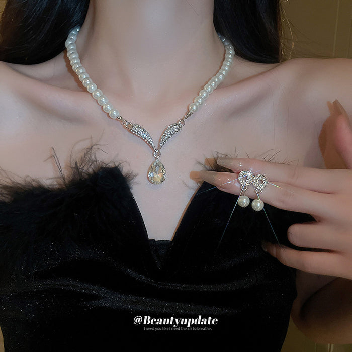 Pearl Crystal Necklace and Drop Earring Jewelry Set