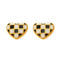 Black White Checkered Heart Stud Earrings Gold Steel Enamel view 5