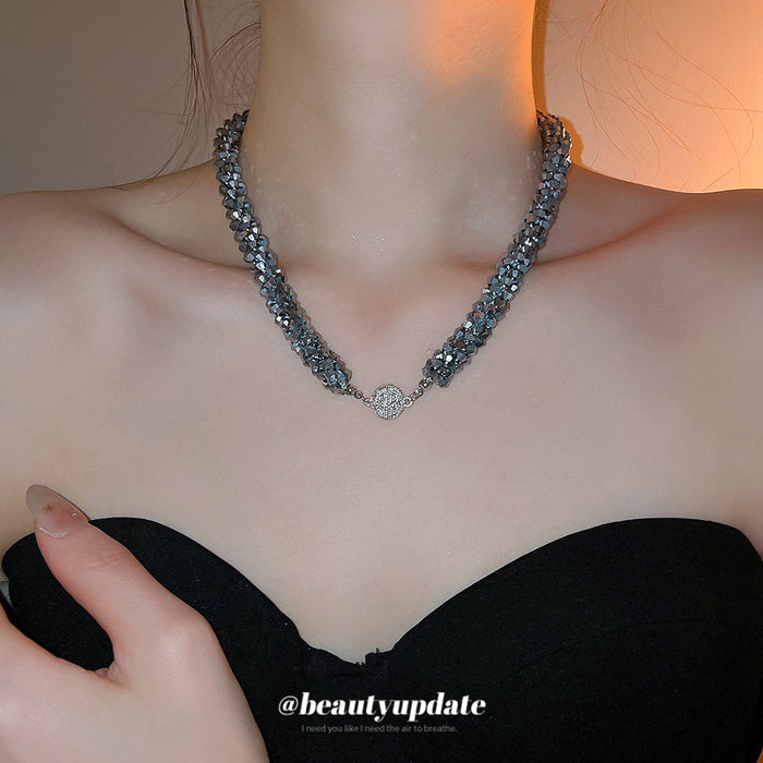 Gunmetal Crystal Beaded Necklace in Polished Mixed Media Design