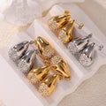Gold Steel Teardrop Stud Earrings Pave Zircon Cluster view 4