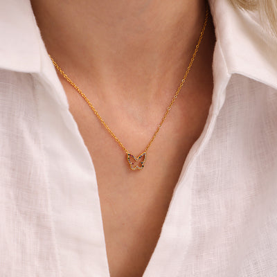 Model wearing gold multicolor zircon butterfly necklace