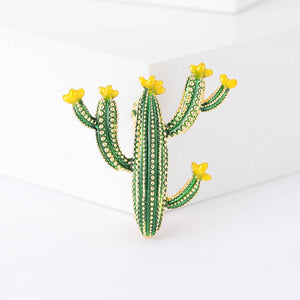 Green Enamel Cactus Brooch with Yellow Flower Tips