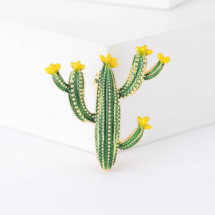 Green Enamel Cactus Brooch with Yellow Flower Tips