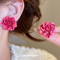 Deep Red Layered Dimensional Rose Flower Stud Earrings view 2
