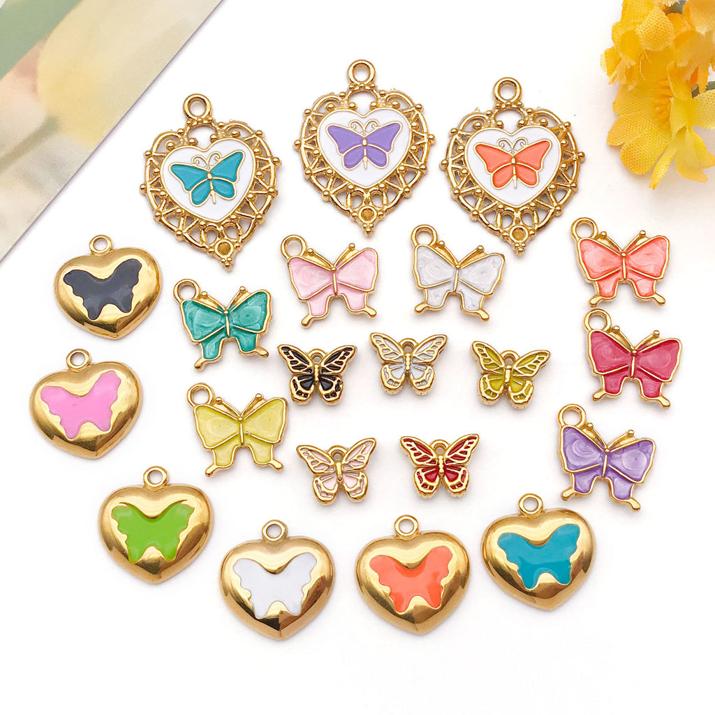 Color Enamel Stainless Steel Heart Butterfly Charm Pendant for DIY Bracelet Necklace