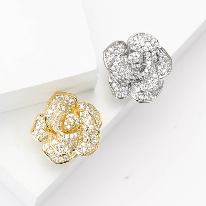 Crystal Rose Flower Brooch In Gold And Silver Tone