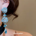 Silver Tone Blue Crystal Rose Statement Drop Earrings view 3
