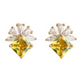 Gold Yellow Square Crystal Flower Cluster Stud Earrings view 5