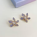 Purple Lavender Enamel Flower Stud Earrings Gold Rim view 6
