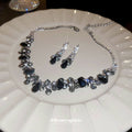 Silver Tone Black Teardrop And Gray Crystal Necklace Earring Set view 2