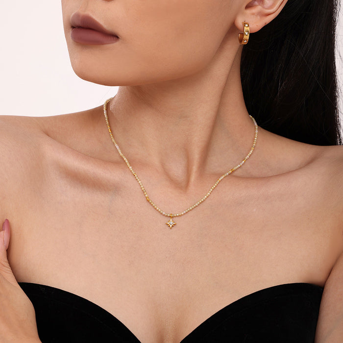 Natural Stone Bead Necklace Gold Eight Point Star Zircon Pendant