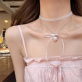 White Lace Pearl Bow and Pink Strawberry Necklace Statement Jewelry view 4
