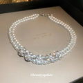 White Double Strand Pearl Rhinestone Flower Choker Single view 2
