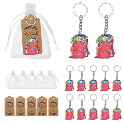 Collage showing red backpack keychains, white organza bags, and brown thank-you tags.