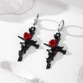 Silver Tone Gothic Cross Rose and Crystal Huggie Drop Earrings view 6