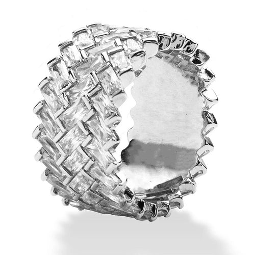 Side view of silver tone interlaced woven crystal statement wide band ring