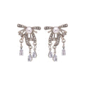 Silver Bow Crystal Look Chain Teardrop Stud Earrings view 5