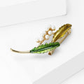 Gold and Green Double Leaf Brooch With White Pearl Spray view 3
