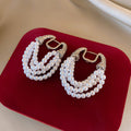 Silver Tone Layered Pearl Horseshoe Huggie Earrings view 4