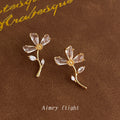 Gold Clear Crystal Flower Stem Stud Earrings Leaf Accents view 1