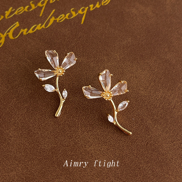 Gold Clear Crystal Flower Stem Stud Earrings Leaf Accents