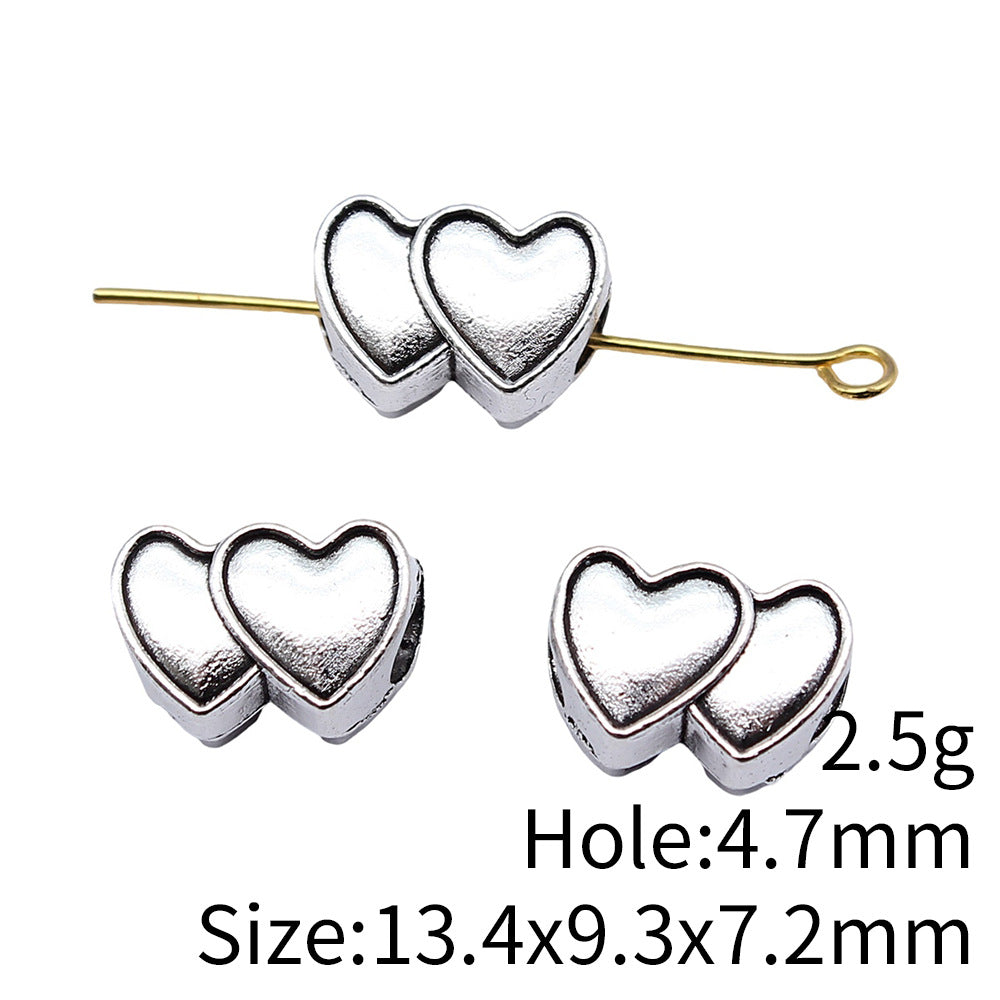 13.4x9.3x7.2mm 2.5g Antique Silver Zinc Alloy Double Heart Large Hole Beads for DIY Bracelet Necklace Making
