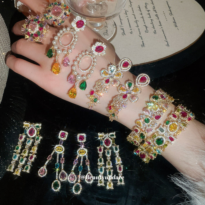 Multicolor Crystal Court Style Earrings Rings Bracelet