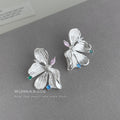 Silver Gold Textured Flower Multicolor CZ Stud Earrings view 3