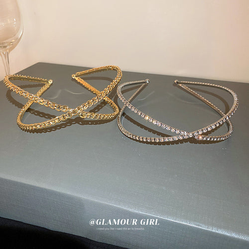 crossed double headband combining chain and crystal rows shown worn in a styled second view