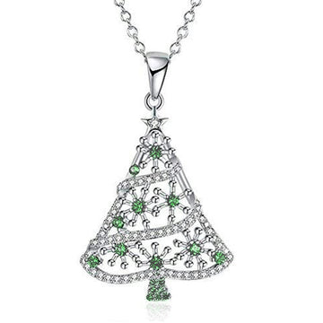 Silver Tone Green Crystal Christmas Tree Pendant Necklace