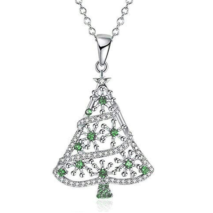Silver Tone Green Crystal Christmas Tree Pendant Necklace