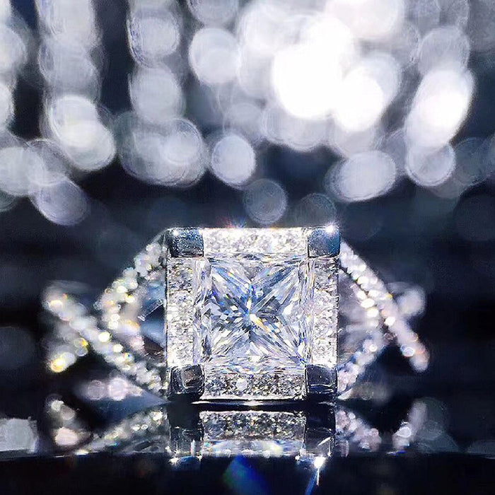White Gold Princess Square Clear Stone Ring X Band Sizes 6-10