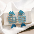 Blue Articulated Fish Skeleton Novelty Drop Earrings view 1